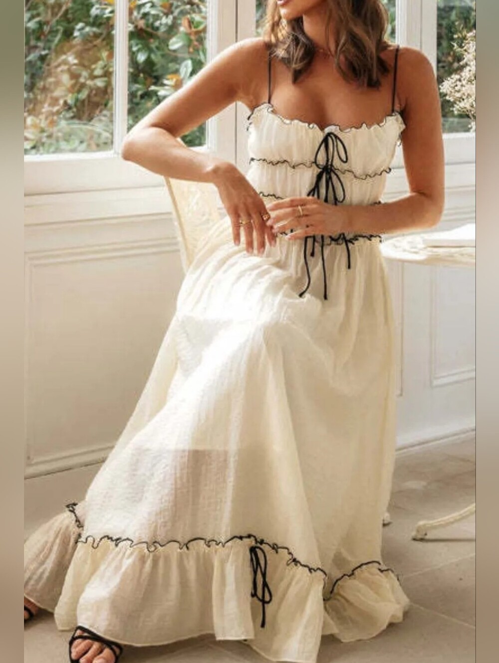 🌸Cream & Black Frill Bow Front Midi Cami Dress - Picture 3 of 4